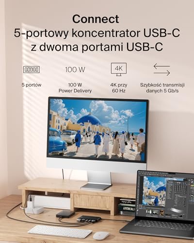 Belkin 5-portowy USB Hub z HDMI 4K przy 60 Hz, 100 W Power Delivery, Szybka Transmisja Danych 5 Gb/s, Adapter do MacBooka, iPada Pro, Chromebooka – Ulepszony Interfejs HDMI 2.0 – Czarny