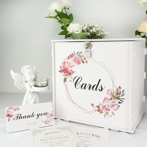 FCDECOR White Wedding Card Box with Lock, Gift Wedding Card Boxes for Reception, Greenery Rose DIY Wedding Envelope Money Card Box for Party Graduation Birthday Baby Shower Decorations