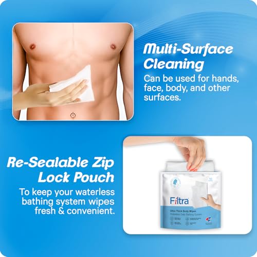 Image of Filtra Ultra Thick Body Wipes | Pre-Moistened & Extra Large for Body Sponging, Bed Bath & Post-Workout Freshness | Mildly Scented | Re-Sealable Zip Lock Pouch of 10 (Pack of 1)