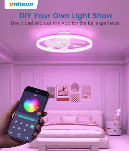 Image of VOLISUN RGB Ceiling Fans with Lights and Remote, 23.6in Low Profile Ceiling Fans with Lights Flush Mount, 3000K-6500K Dimmable Fandelier LED Fan Light, White Bladeless Ceiling Fans for Bedroom