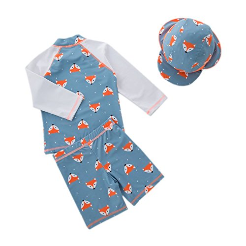 stylesilove Boys Little Fox Rash Guard and Swim Shorts with Sun Hat 3pcs Swimsuit Beach Swimwear (2T)