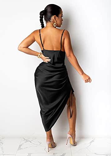 Women's Spaghetti Strap Satin Dress Sexy Backless Drawstring Ruched Split Hem Cocktail Evening Party3