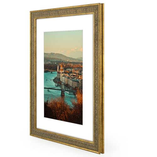 Image of Golden State Art, 12x16 Ornate Finish Photo Frame with White Mat for 8x12 Picture & Real Glass. Color: Distressed Gold