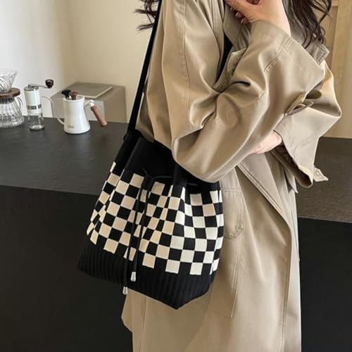Knit Bucket Bag Women Trendy Spring Crochet Knitted Drawstring Shoulder Bags Crossbody Purse Geometric Pattern2
