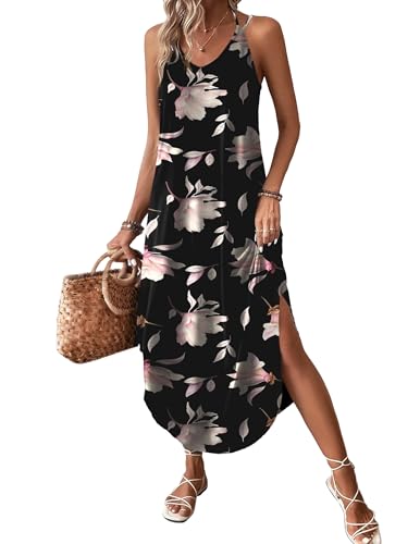 Image of Zeagoo Women's Casual Sundress Summer Maxi Sleeveless V Neck Split Boho Beach Dress Travel Vacation Dress with Pockets