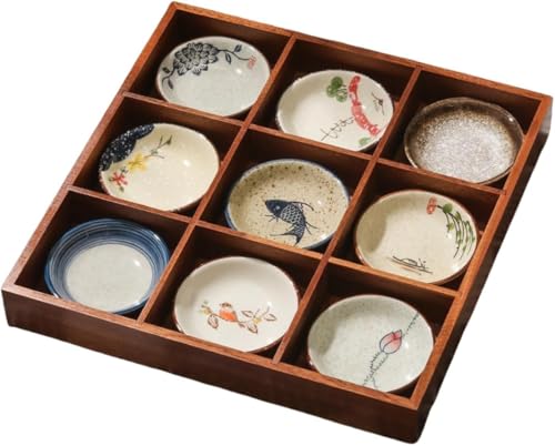 豆皿 小皿 セット 陶器 食器 仕切りトレー 木製 トレイ深型 仕切り付き 果物 ケース 天然木 小さい皿 調味料用 醤油皿 前菜皿 アイスクリーム ソース皿 火鍋 焼肉屋 寿司屋 和食器 食洗機 電子レンジ対応 (9コマのセット)