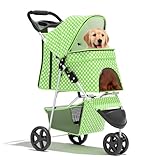 Pet Stroller for Small Dogs 10 lbs, Dog Stroller for Medium Dogs 30 lbs, Cat Strollers for 2 Cats, 3 Wheels Foldable Jogger Puppy Stroller with Storage Basket and Cup Holder, Lawn Green Polka Dots