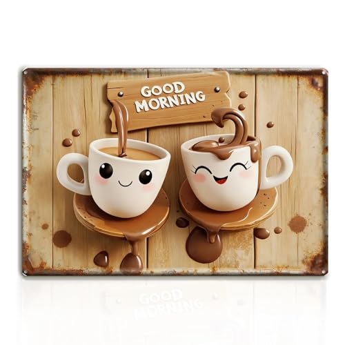 Vintage Coffee Metal Iron Tin Signs - Good Morning Cute Cup Wall Art Decoration Wall Decor for Family Living Room Kitchen Decor Cafe Sign Pictures 8x12 In