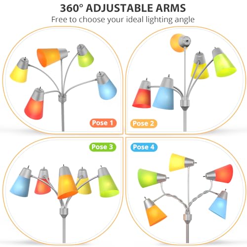 FOLKSMATE LED Floor Lamp, Medusa Multi-Head Modern Tall Standing Lamps, Adjustable Corner Reading Floor Light for Living Room, Bedroom, Kid Room, Classroom, Colored Lampshades, Silver Grey by FOLKSMATE - Used condition - Image 2