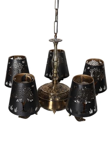 Image of Devansh 05 Lights Tree Metal Etched Shade with Antique Golden Chandelier -ZC