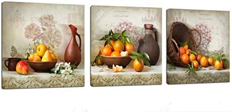 Kitchen Canvas Wall Art Vintage Fruits Flowers Artwork - 12" x 12" x 3 Panels Retro Fruits Canvas Painting Modern Pictures Canvas Print Framed for Dining Room Home Wall Decor