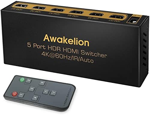 4K@60Hz HDMI Switch 5 Port Awakelion Premium 5 in 1 Out 4K HDMI Switcher with IR Remote Support Auto-Switch, HDMI 2.0,HDCP 2.2,UHD,HDR,Full HD,3D,1080P(Upgraded Version)