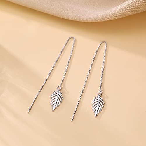 SLUYNZ 925 Sterling Silver Leaf Dangle Earrings Chain for Women Teen Girls Long Threader Earrings Tassel
