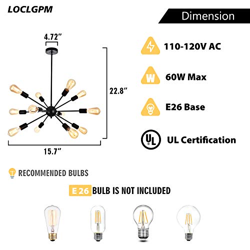 Loclgpm Modern Black Sputnik Chandelier, 12 Light Metal Pendant Lighting, Ceiling Light Fixture for Living Room, Dining Room, Bedroom, Kitchen Island, Restaurant with Adjustable Base