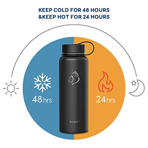 Buzio Stainless Steel Water Bottle (Cold For 48 Hrs, Hot For 24 Hrs), 40 Oz Vacuum Insulated Water Bottle With Straw Lid And Flex Cap (Double Wall, Wide Mouth, Bpa Free, Leak Proof, Sweat Free), Black #TOP1