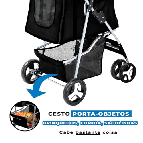 CARRINHO DE PASSEIO TRANSPORTE PET CÃS E GATOS PARA VIAGEM, DOBRÁVEL (Preto)