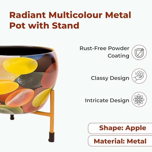 Image of Natural Earth Metal Flower Vase Planter Pot with Iron Stand | Decorative Plant Cachepot for Indoor & Outdoor Use | Succulent Pot for Home & Garden Decor (Abstract Graphic)