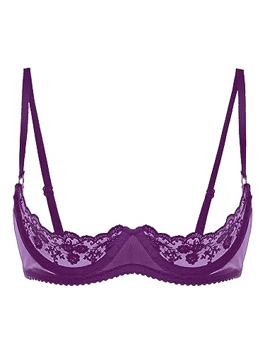 FEESHOW Damen Hebe BH Offene Brust Mit Bügel Transparente Spitze Bra Push Up Verführerische Dessous Busenfreie Reizwäsche A_Violett M