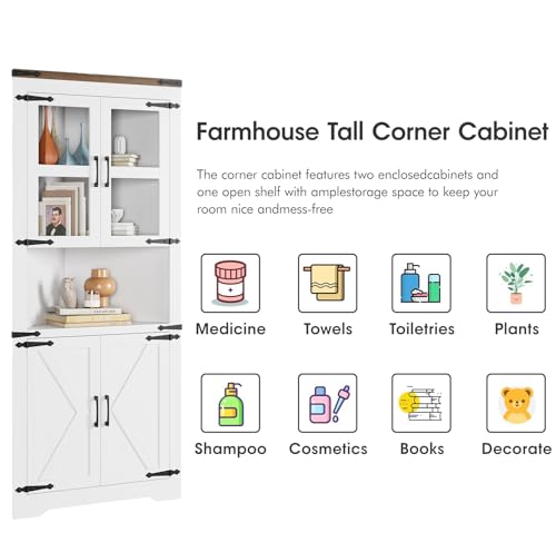 GAOMON Farmhouse Corner Cabinet, Tall Corner Storage with Glass Door & Adjustable Shelves, Bathroom Cabinet with Storage for Living Room, Kitchen, Bathroom, White