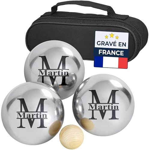 KDO MAGIC - Boule de pétanque personnalisée - Triplette 720g Personnalisable - Prénom gravé - Lot de 3 Boules et 1 cochonnet - Idée Cadeau Saint-Valentin...