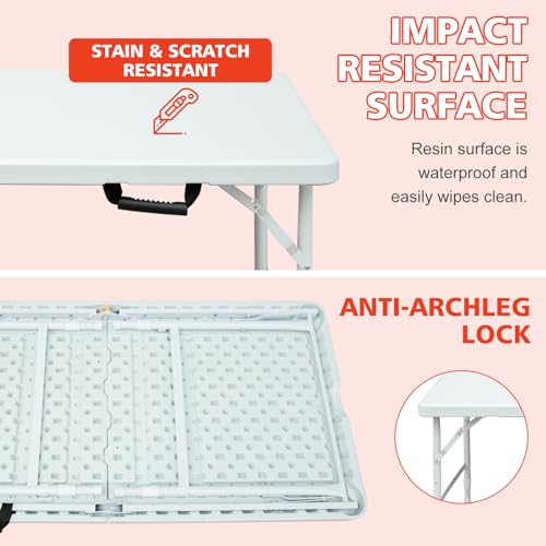 MIIUDGIG Portable 4Ft Adjustable Height Plastic Folding Table, Heavy Duty Fold-in-Half Table with Carrying Handle, Small Utility Foldable Table for Picnic Party Camping BBQ, Indoor/Outdoor(White)