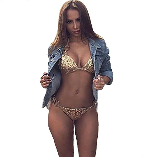 cooshional Bikini para Mujer Vendaje Push Up Lentejuelas Dos Piezas Ropa de Baño Bañador Oro