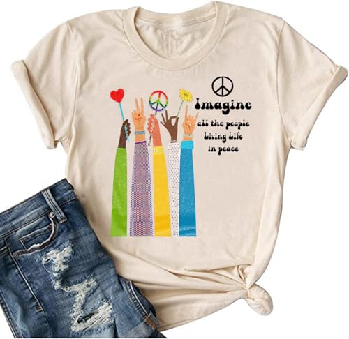 Hippie Peace Sign Shirts for Women 60s 70s Imagine All The People Living Life in Peace Tshirt Short Sleeve Tee Tops-Beige S