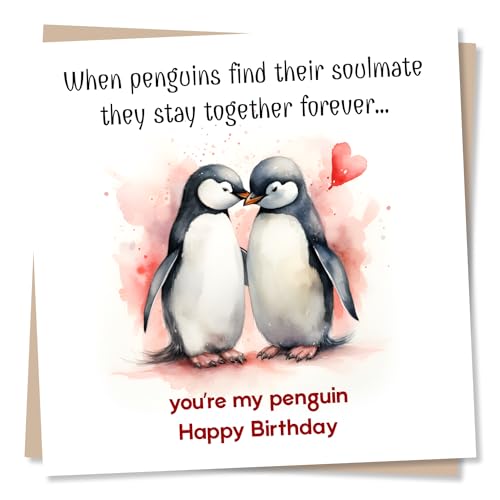 Penguin Couple Birthday Greeting Card – Cute Love Design – Blank Inside (135 x 135 mm) – Made in UK – With Envelope
