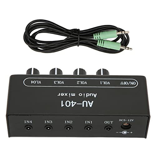 Audio Mixer, 4 in 1 Out Independent Volume Control 3.5mm Stereo Socket 2x Amplification Line Mixer Anti Interference Durable Metal Housing Mini Audio Mixer for PC, Cell Phones, Laptops