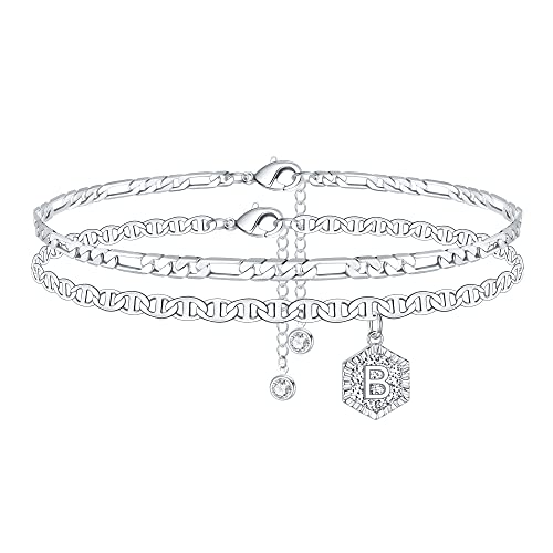 Ankle Bracelets for Women Initial Anklet, 14K White Gold Plated Layered Anklet Letter B Initial Silver Anklets for Women Jewelry