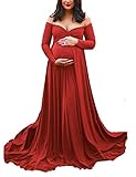 Saslax Maternity Off Shoulders Long Sleeve Half Circle Gown for Baby Shower Photo Props Dress Red 83 XX-Large
