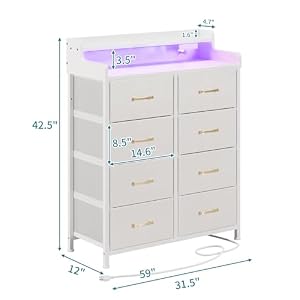 LUMTOK 8-Drawers Dresser with Power Outlets, Built-in Power Strips & LED Strips, Fabric Dressers Drawers for Bedroom, Hallway, Nursery, Steel Frame, Wood Top, Easy Pull Handle (White) LUMTOK 8 Drawers Dresser with Power Outlets Built in Power Strips LED Strips Fabric Dressers Drawers for Bedroom Hallway Nursery Steel Frame Wood Top Easy Pull Handle White
