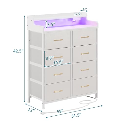 LUMTOK-8-Drawers-Dresser-with-Power-Outlets-Built-in-Power-Strips-LED-Strips-Fabric-Dressers-Drawers-for-Bedroom-Hallway-Nursery-Steel-Frame-Wood-Top-Easy-Pull-Handle-White LUMTOK 8 Drawers Dresser with Power Outlets Built in Power Strips LED Strips Fabric Dressers Drawers for Bedroom Hallway Nursery Steel Frame Wood Top Easy Pull Handle White