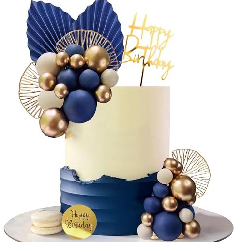 Cake Decoration Gold Blue with Balls and Palm Leaves, Boho Cake Decoration for Birthday, Cake Topper Happy Birthday Decoration, Baby Shower Decorations, for Wedding, Birthday, Anniversary (Blue, White Cake Decoration Gold Blue with Balls and Palm Leaves, Boho Cake Decoration for Birthday, Cake Topper Happy Birthday Decoration, Baby Shower Decorations, for Wedding, Birthday, Anniversary (Blue, White
