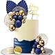 Tortendeko Gold Blau mit Kugeln und Palmblättern, Boho Kuchen Deko für Geburtstag, Cake Topper Happy Birthday Dekoration, Babyparty Dekorationen, für Hochzeit Geburtstag Jubiläum(Blau, Weiß und Gold)