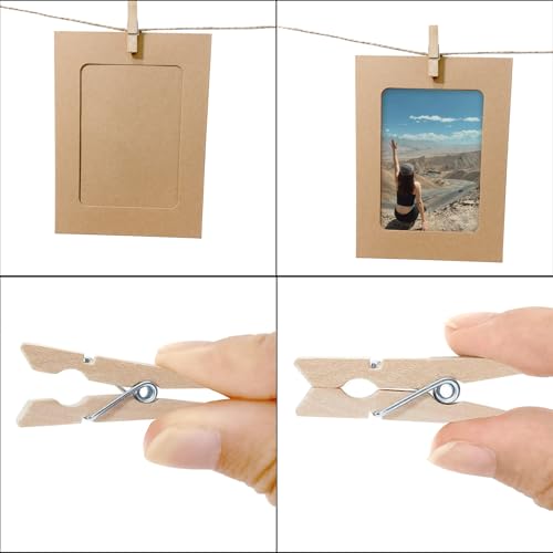 LHOEST 40 Stück Bilderrahmen aus Pappe Set, Papier Fotorahmen mit 40 Wäscheklammern Holz und 4 Hanfseil, DIY Kraftpapier Bilderrahmen 10x15 für Hängende Wanddekoration Fotogirlande (weiße+Braun)