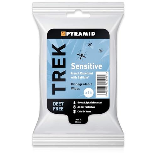 Trek Insect Repellent Wipes with Saltidin - DEET Free, Suitable for Sensitive Skin, Children 2+ Years & Pregant Women - Consists of 15x Mosquito Repellent Wipes in 1 Pack - 100% Biodegradable