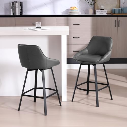 Image of Zesthouse Swivel Bar Stools Set of 4, 26 inch Modern Counter Height Bar Stools with Low Backs, Upholstered Faux Leather Bar Chairs for Kitchen Counter, Dark Grey Island Chairs with Metal Legs