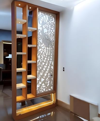 Image of Carved Room Divider Screen, Room Separator Partition Panel for Between Room and Kitchen, Brown with Mirror