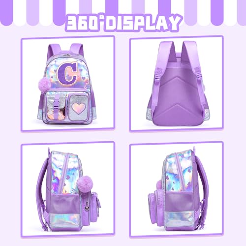 Meetbelify Backpack for Girls Backpacks with Lunch Box Pencil Case for Elementary Student Kids School Travel Bag for Girls Ages 6-8 Years Old Purple C3