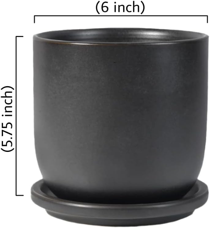 Serene Spaces Living Large Classy Matte Black Ceramic Pot with Drainage Holes and Saucer for Plants and Flowers, Decorative Outdoor/Indoor Planters, Measures 6" Diameter & 5.75" Tall