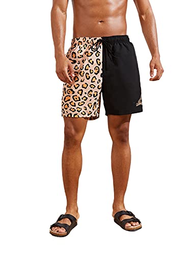 MakeMeChic Men s Leopard Print Colorblock Swim Trunks Drawstring Waist Beach Shorts Leopard XL