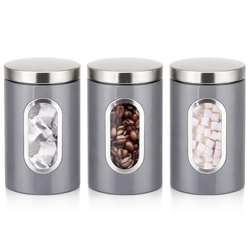 Innoteck 3-Piece Kitchen Canister Set, Stainless Steel Storage Jars with Secure Lids & Viewing Window, Ideal for Tea, Coffee, Sugar & Dry Foods - Grey