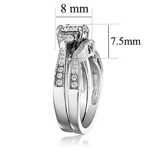Flamereflection Stainless Steel Women Wedding Ring Sets Bridal Engagement Bands Round Cz Three Stones Size 6 #TOP1
