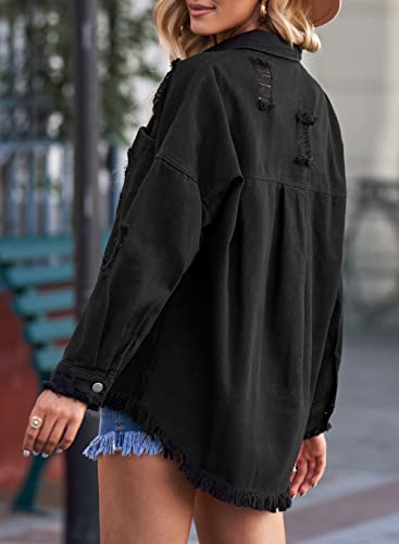 Evaless Jean Shirt For Women Ripped Distressed Jean Jacket Black Jackets For Women Business Casual Oversized Denim Jacket For Women Fashion 2023 Frayed Shacket Jacket Spring Outfits Tops,Xx-Large #TOP3