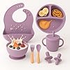 Conjunto Kit Introdução Alimentar Prato com Divisórias de Silicone Com Ventosa 8 Peças, Copo com Bico, kit Talheres, Colheres e garfos com ponta de silicone, Tigela e Babador (Roxo)