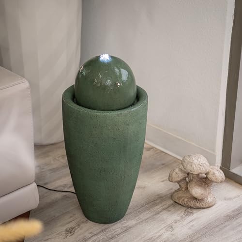 XBrand 25.98" Modern Sphere Water Fountain with LED Light – Indoor Outdoor Stone Texture Floor Fountain, Zen Bubbling Ball Water Feature for Garden Patio Porch - Green by XBrand - Used condition - Image 4