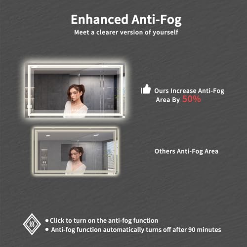 VanPokins Bathroom Mirror, 72x40 Inch Gradient Front and Backlit Big LED Mirror, 3 Colors Dimmable CRI>90 Double Lights, IP54 Enhanced Anti-Fog, Hanging Plates Wall Mount Lighted Bathroom Mirror by VanPokins - Used condition - Image 6
