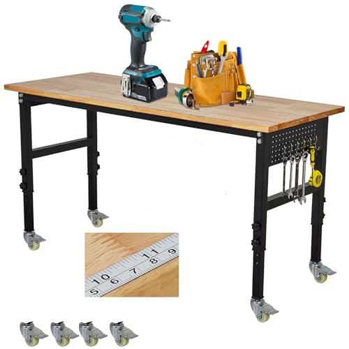 48" x 24" Workbench, MERXENG Rubber Wood Top Heavy Duty Work Bench with Scales, Pegboard, 6 Hooks, 2200 LBS Load Capacity, 8 Adjustment Height Work Table for Garage, Workshop, Office, Home, Wheels