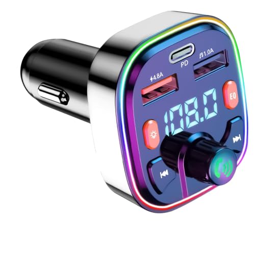 Knocery Bluetooth Voiture Transmetteur FM, 4.8A[PD20W+QC3.0] Adaptateur Bluetooth Voiture Radio Lecteur de Musique mp3, Charge Rapide USB et Type C, Appels Mains Libres, Multicolore